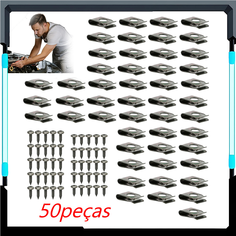 50 grampos metálicos em U para automóveis, com parafusos auto-roscantes, para automóveis ou motociclos