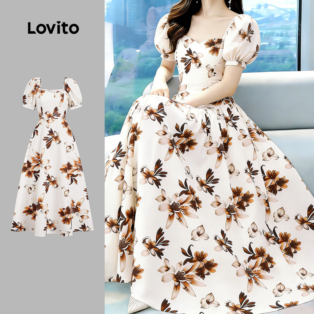 Lovito Vestido Casual Feminino com Zíper e Pregas para Primavera/Verão LBL35117 em Oferta na Shopee