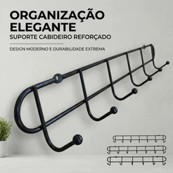 Suporte Cabideiro de Parede. Material Reforçado, Preto.