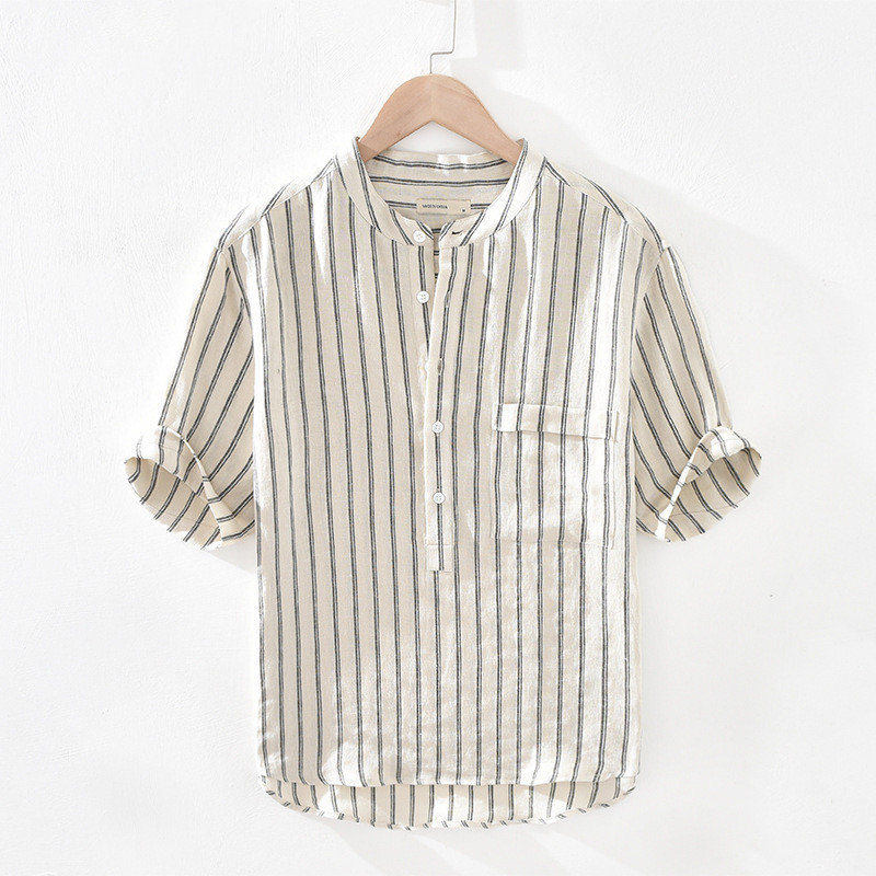 T na moda Polegada roupas masculinas listrado japonês camisa de manga curta masculina na moda verão solto estilo fino go