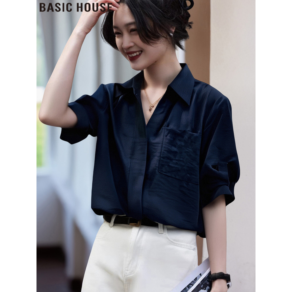 Casa Básica/Casa Básica Azul Marinho Camisa de Manga Curta Moda Solta Camisa Leve Roupas Femininas 2026 Verão