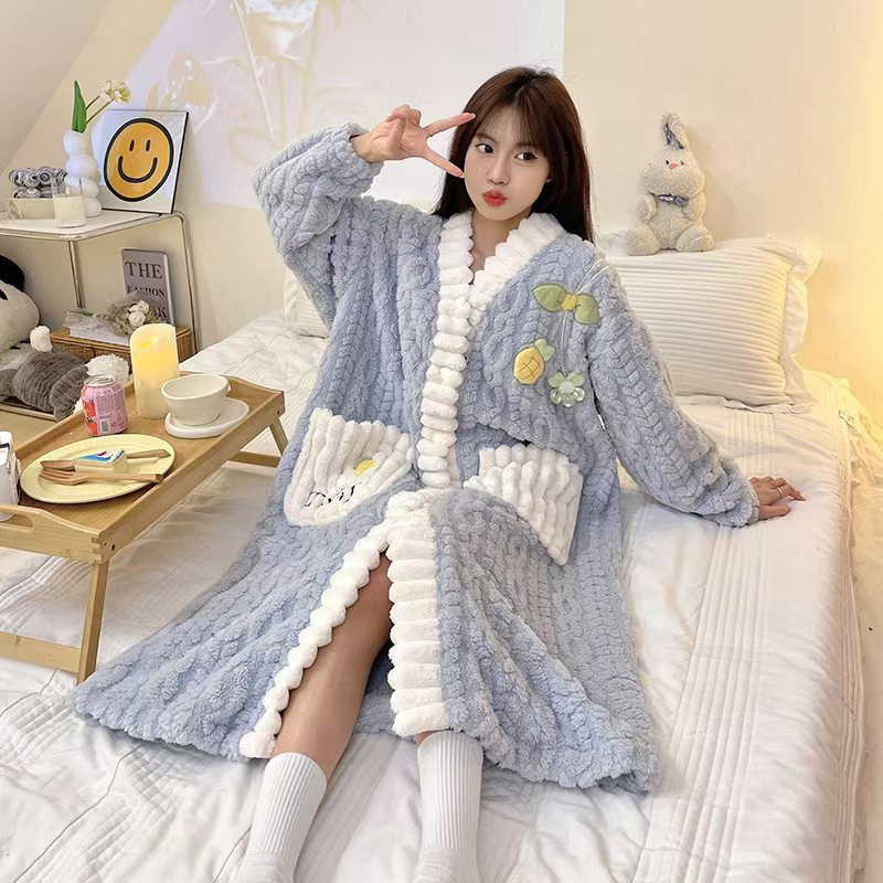 Pijamas femininos, camisola de lã, robe quente e espesso de lã coral para outono e inverno, roupa de casa de comprimento