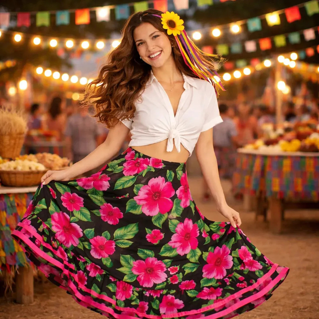 Saia Carimbó Adulto Rodada Florida Festa Junina Maracatu + Enfeite Girassol Envio Imediato