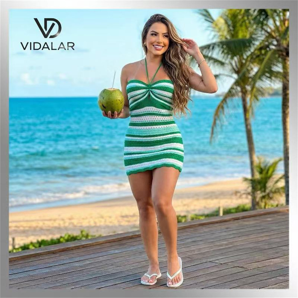 Vestido Curto Feminino Tricot Modal Listras Modal Trico Verão Listrado Moda Feminina