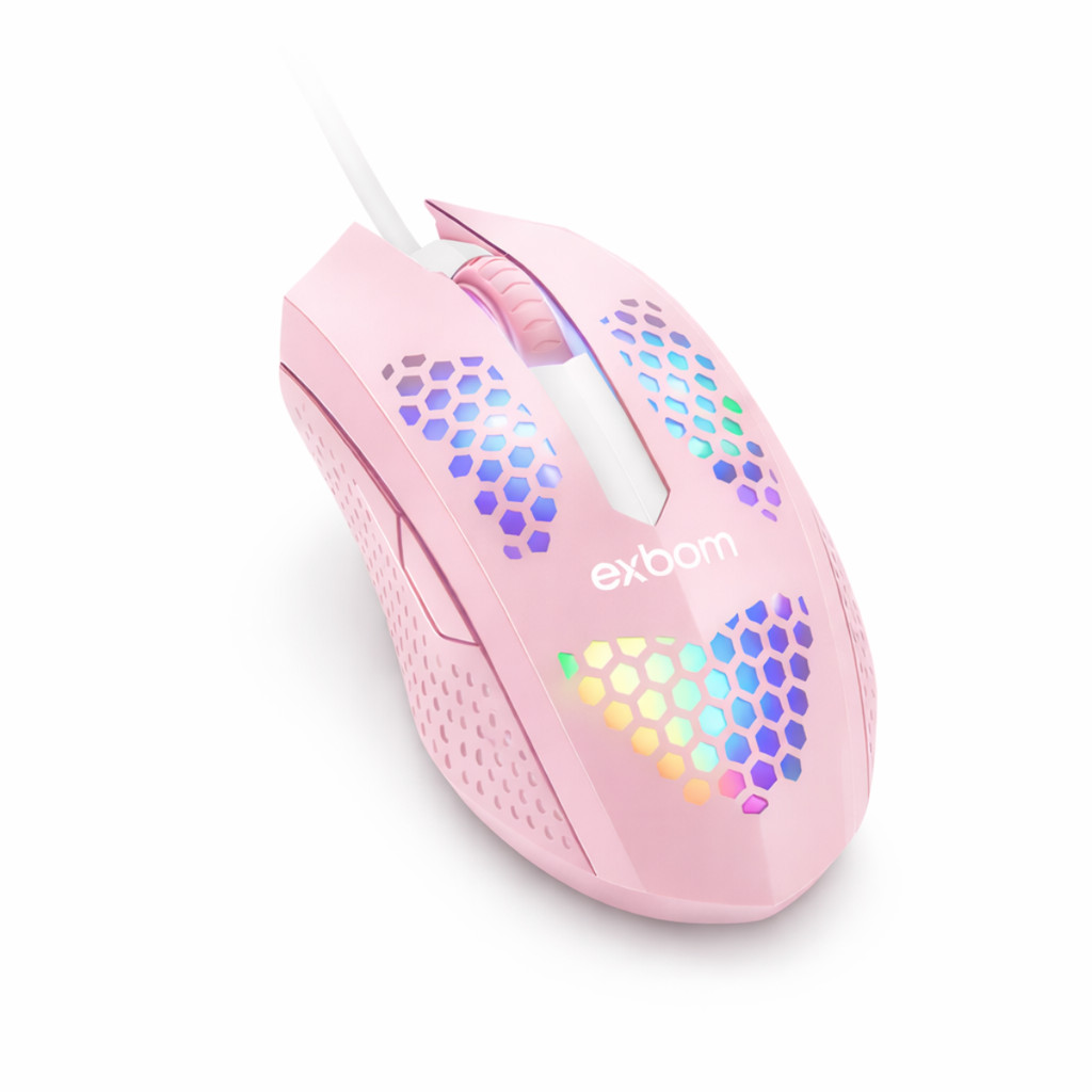 Mouse Gamer RGB Rosa Com Fio USB 1200 DPI LED Colorido Ergonômico Leve Exbom