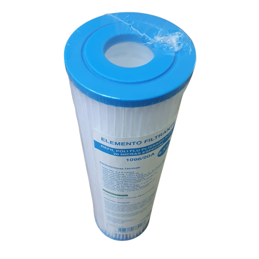 Refil Poli Flu Plissado 9.3/4 20 Micras 1096/20A Planeta Agua Elemento Filtrante Lavável