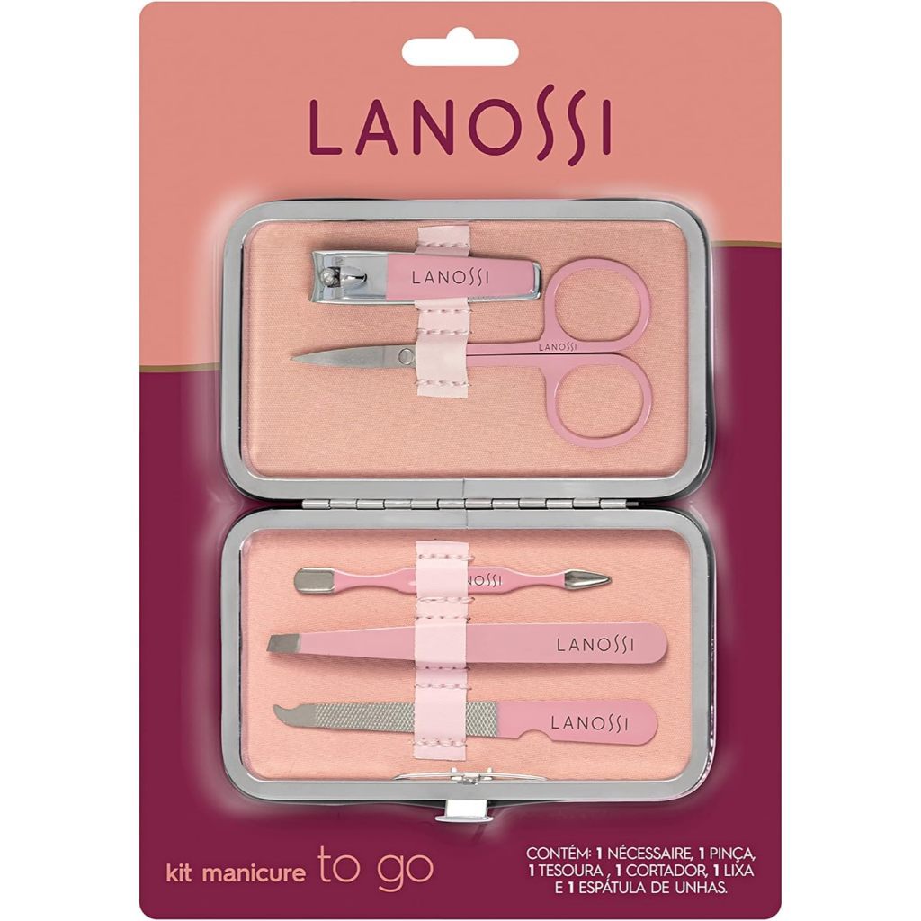 Kit Manicure To Go Lanossi Beauty & Care - 6 Itens + Nécessaire Metal - Cor Rosa