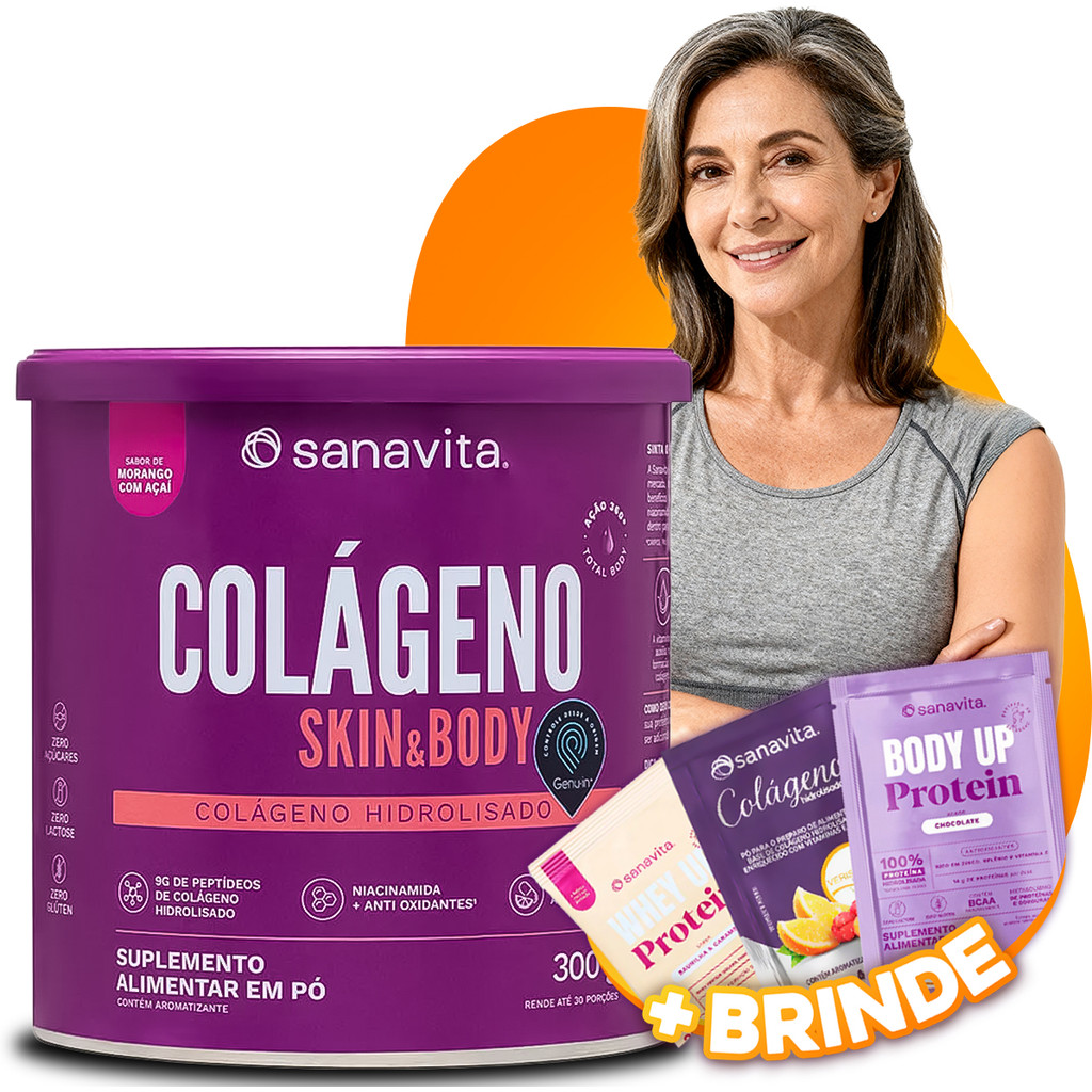 Colágeno Hidrolisado Skin Body 300g Sanavita Sabor Morango com Açaí Verisol Ácido Hialurônico Pele
