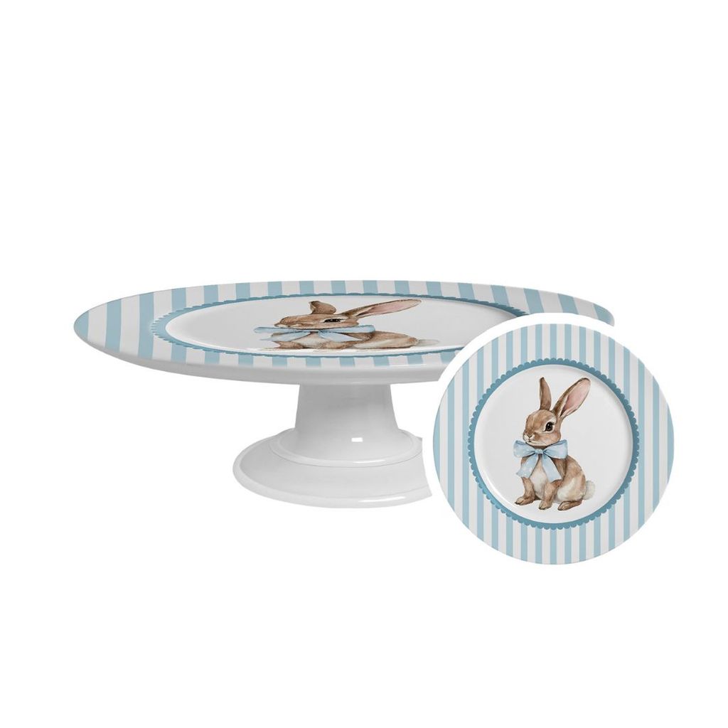 Boleira Pequena Coelho Páscoa 21cm Laço Azul em Cerâmica - Alleanza