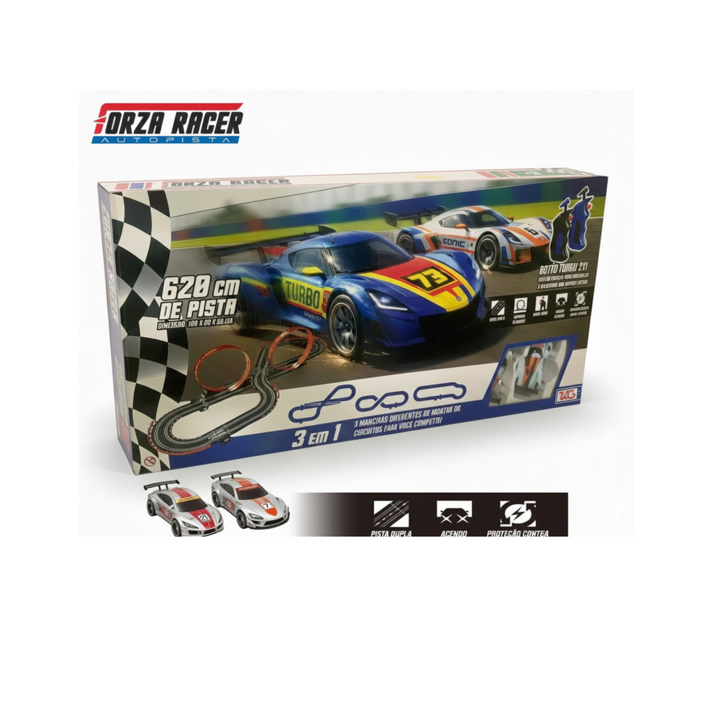 Pista Autorama Forza Racer 620cm Gigante Looping Duplo 3 Em 1 Com 2 Carrinhos Turbo Brinquedo Menino Corrida Autopista