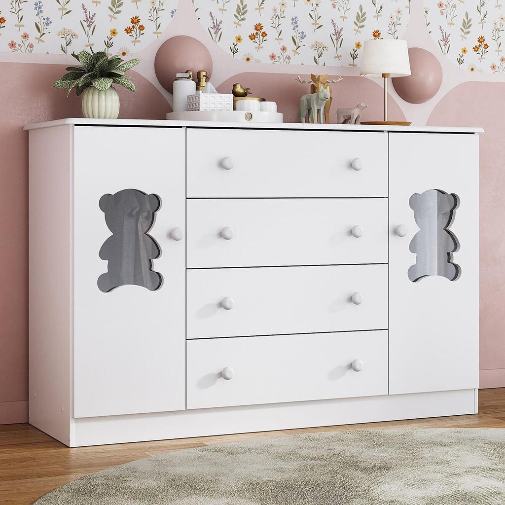 Cômoda Infantil 125cm 2 Portas com Vidro e 4 Gavetas Teddy Multimóveis MP4490