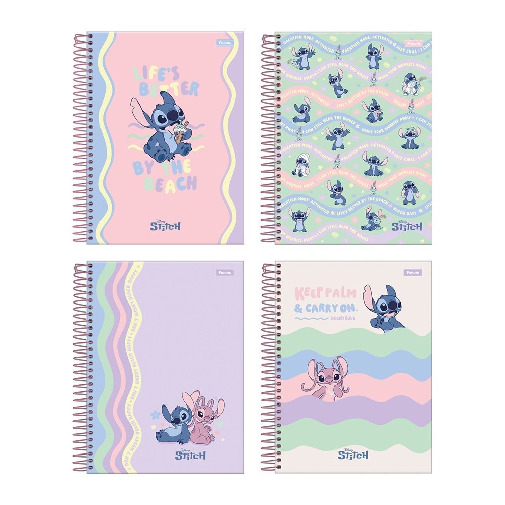 Caderno Espiral Foroni Colegial Capa Dura - Stitch 10 Matérias 160 Folhas - Embalagem com 4 Unidades (SORTIDO)