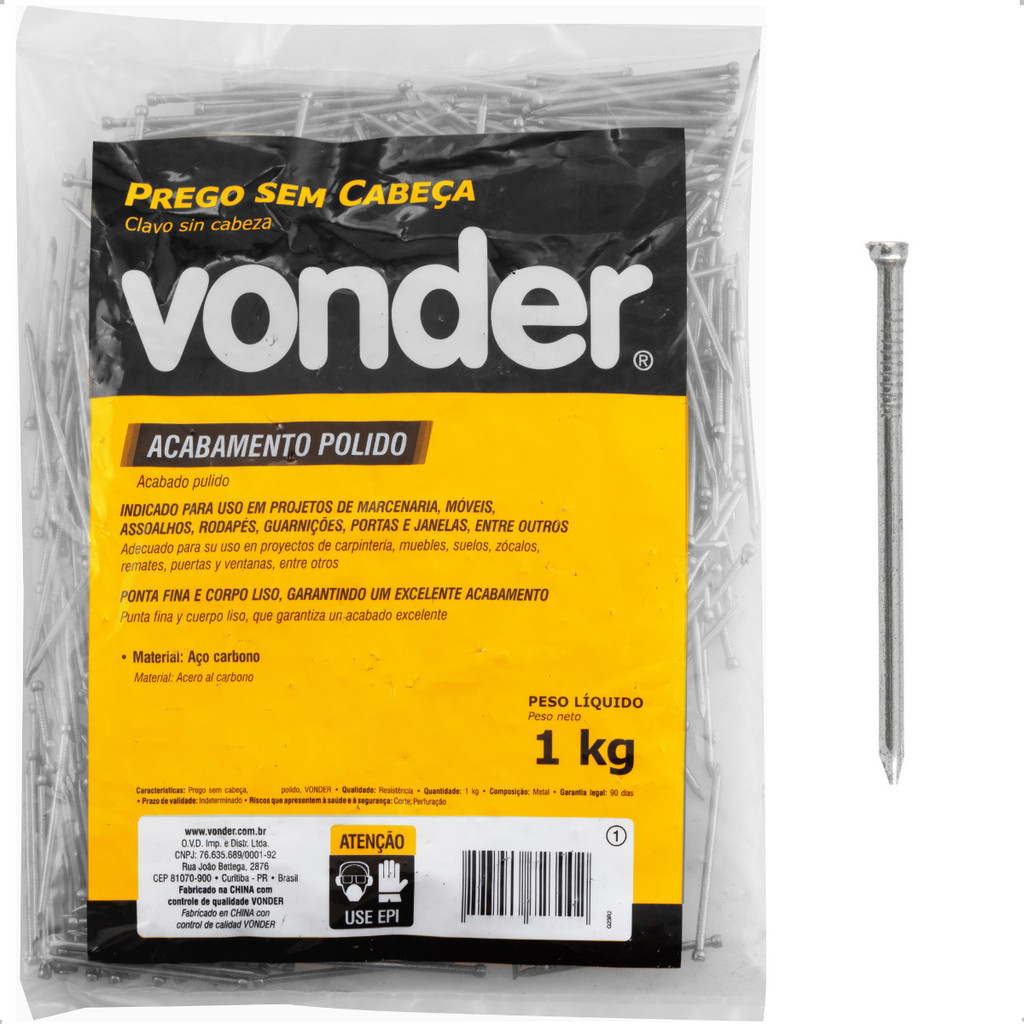Prego sem Cabeça 13 x 18" (1.1/2 x 15") Polido 1 Kg Vonder em Oferta na Shopee