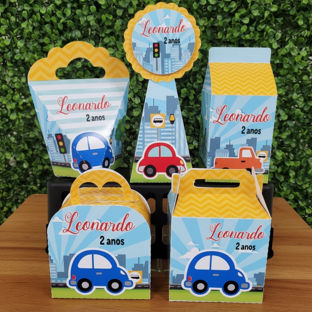 Kit Carrinhos Transporte Lembrancinhas e Caixinhas Personalizadas para Festa Infantil Decoração de Mesa