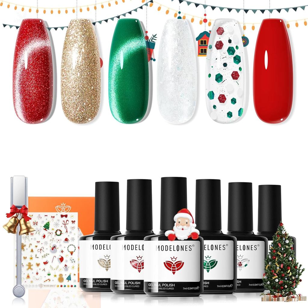 modelones Conjunto De Esmalte Em Gel De Natal , 6 Cores Para Olhos , Vermelho , Verde , Glitter , Prata , Inverno , Kit Com Unhas Magnéticas