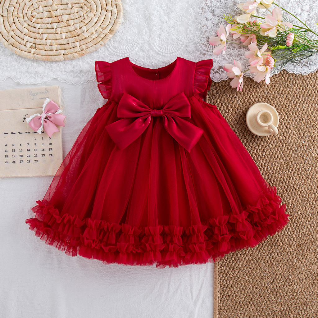 Verão Novo Vestido De Princesa De Chiffon Vermelho Para Bebês Meninas , Roupas Infantis Com Laço Doce Adequadas O Ano (9