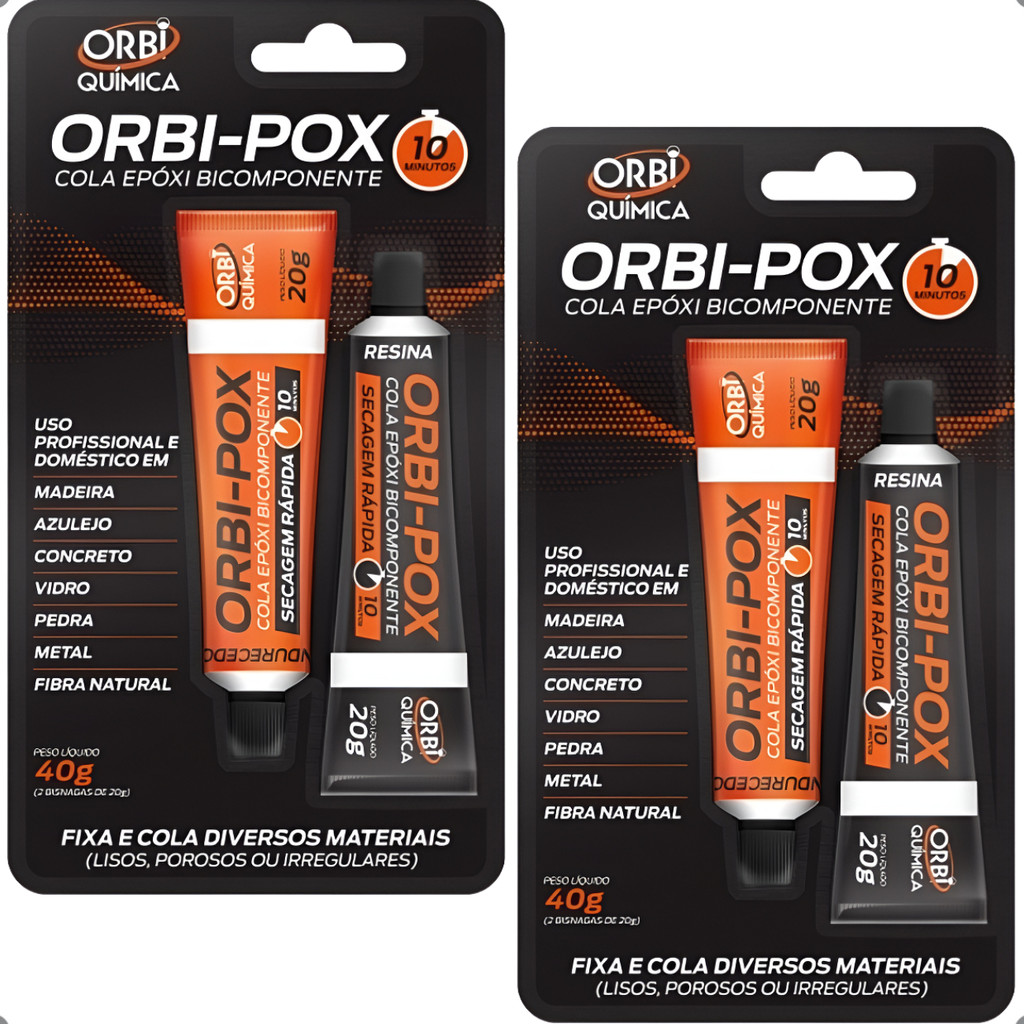 Kit 2 Cola Epóxi Bicomponente Orbi-Pox 10 Minutos 40g Orbi Química Adesivo Metal Vidro Madeira