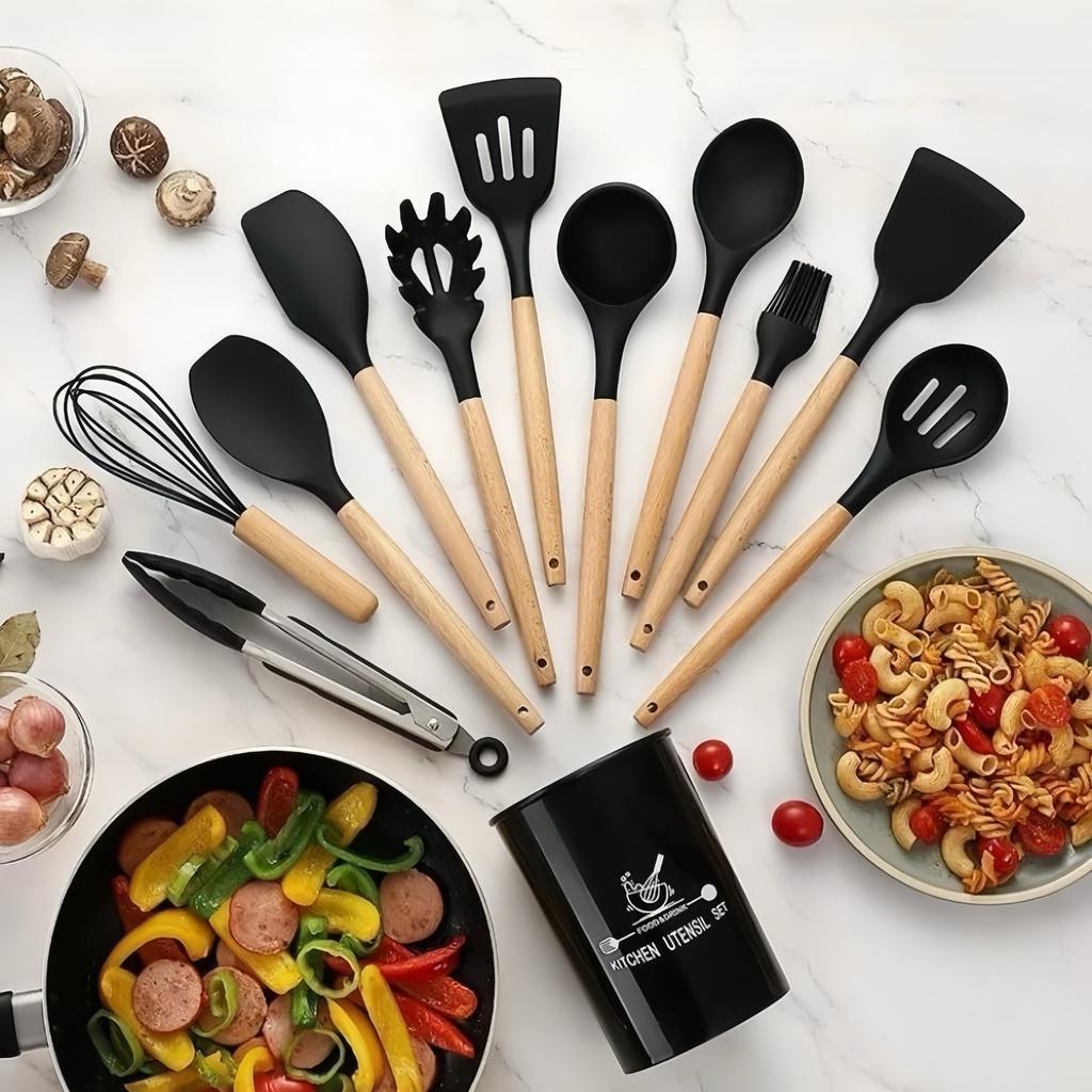 Jogo de Cozinha Kit C/12 Peças de Silicone, Utensílios e Copo Suporte para Cozinha Cabo de Madeira
