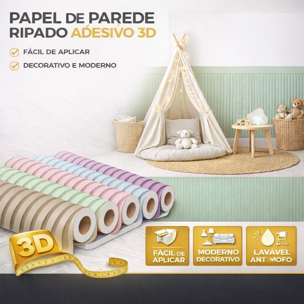Papel De Parede Adesivo Vinil Ripado Com Faixa Para Meia Parede  Autocolante Sala Quarto