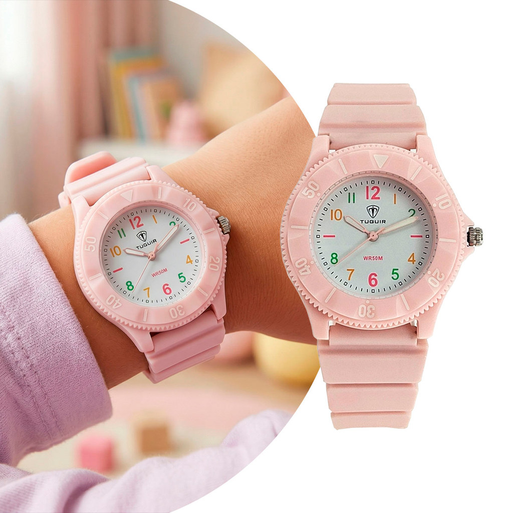 Relógio Analógico Infantil Feminino Rosa com Caixa de Polímero e Pulseira de Silicone à Prova D Água Tuguir