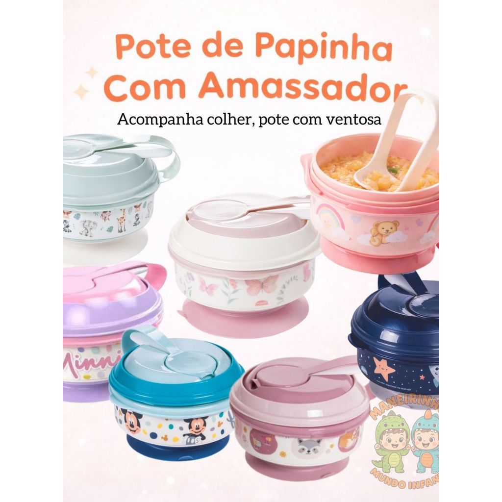 Kit Papinha Bebe Frutas Legumes pote+colher+Amassador e Ventosa Plasútil -bebê infantil ia