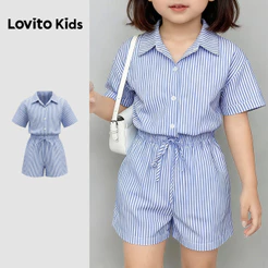 Lovito Kids Elegante Macacão com Botão Primavera/verão Azul para Menina L180LD234