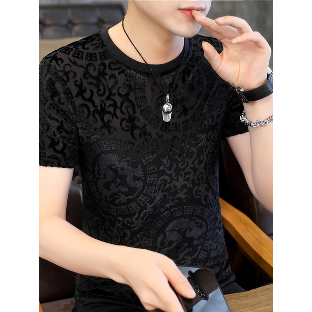 Verão de manga curta camiseta masculina ouro veludo oco em torno do pescoço meia manga camisa de fundo respirável seda g