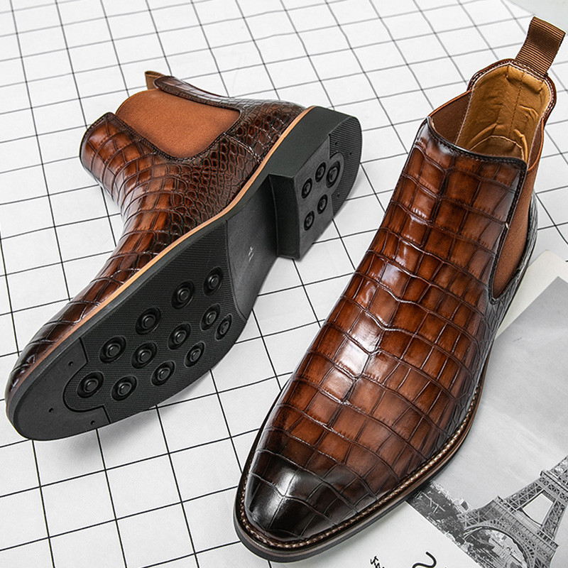 Retro Chelsea botas masculinas dedo do pé apontado Martin botas padrão de crocodilo britânico capa de couro pé botas mas