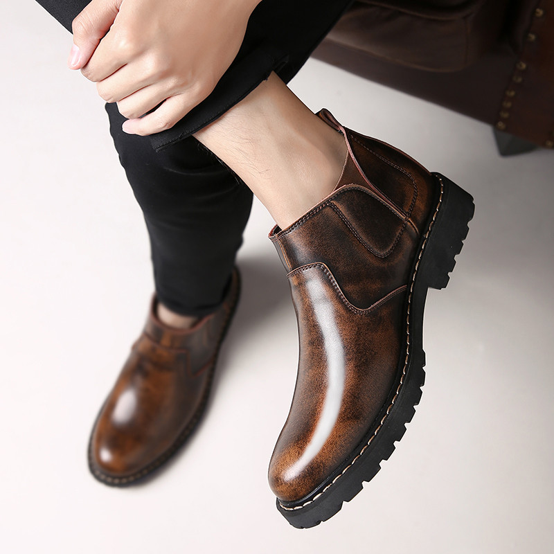 Conjunto pé Chelsea botas masculinas de couro genuíno Workwear Martin botas versão coreana botas curtas masculinas de ca