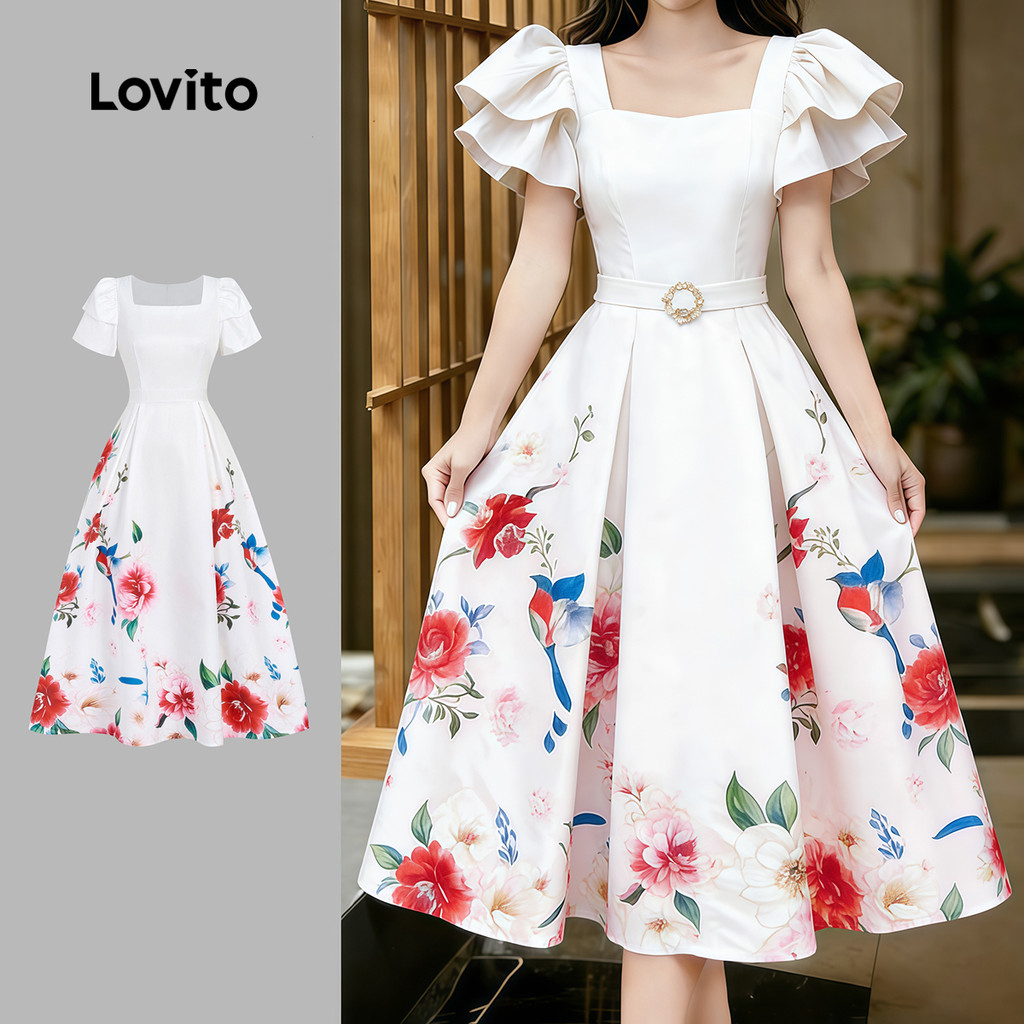 Lovito Vestido Casual Plissado Babado para Primavera/verão Feminino L34LD102