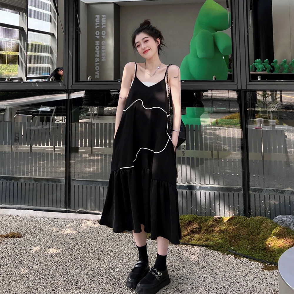 High-End nicho Design vestido de maternidade verão temperamento maternidade preto estilingue com decote em V vestido sem