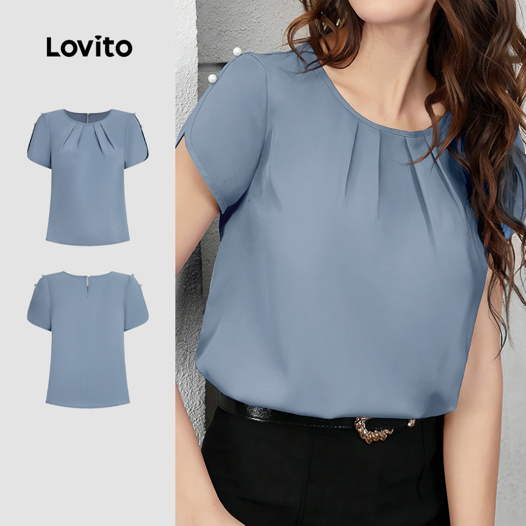 Lovito Elegante Blusa Clássica E Versátil Com Babados Azul Para Mulheres Ideal Para a Primavera/verão L154ED253