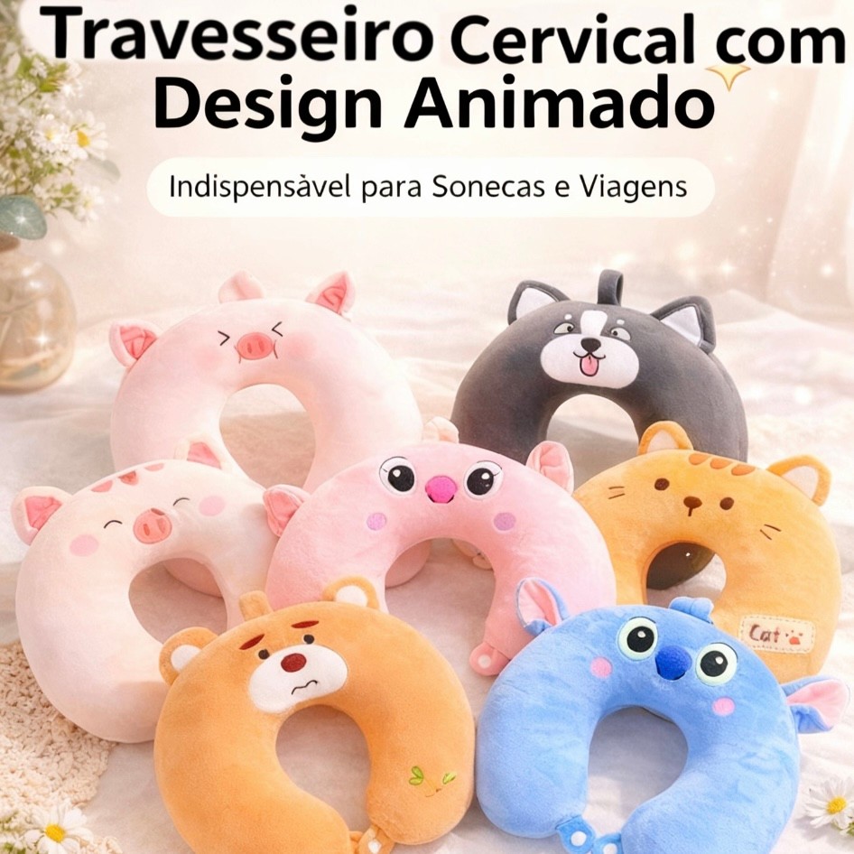 Travesseiro de Pescoço U Animais Fofos | Almofada Viagem Conforto Presente