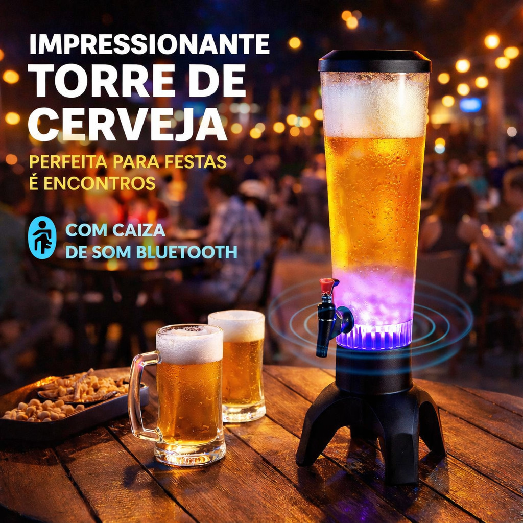 Torre de Cerveja 1.5L com Torneira + Caixa de Som Bluetooth LED para Festas e Churrasco