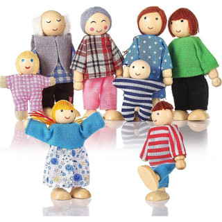 7 Pçs/Conjunto Boneco Articulado De Madeira Para Família/Pais E Filhos