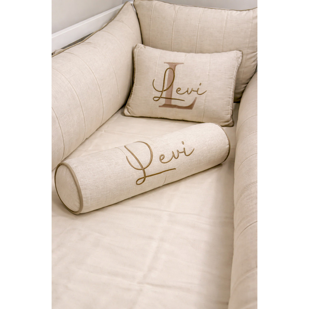Kit Berço PERSONALIZADO - 7 Peças em Linho Palha e Capuchino Padrão Americano - Várias Cores