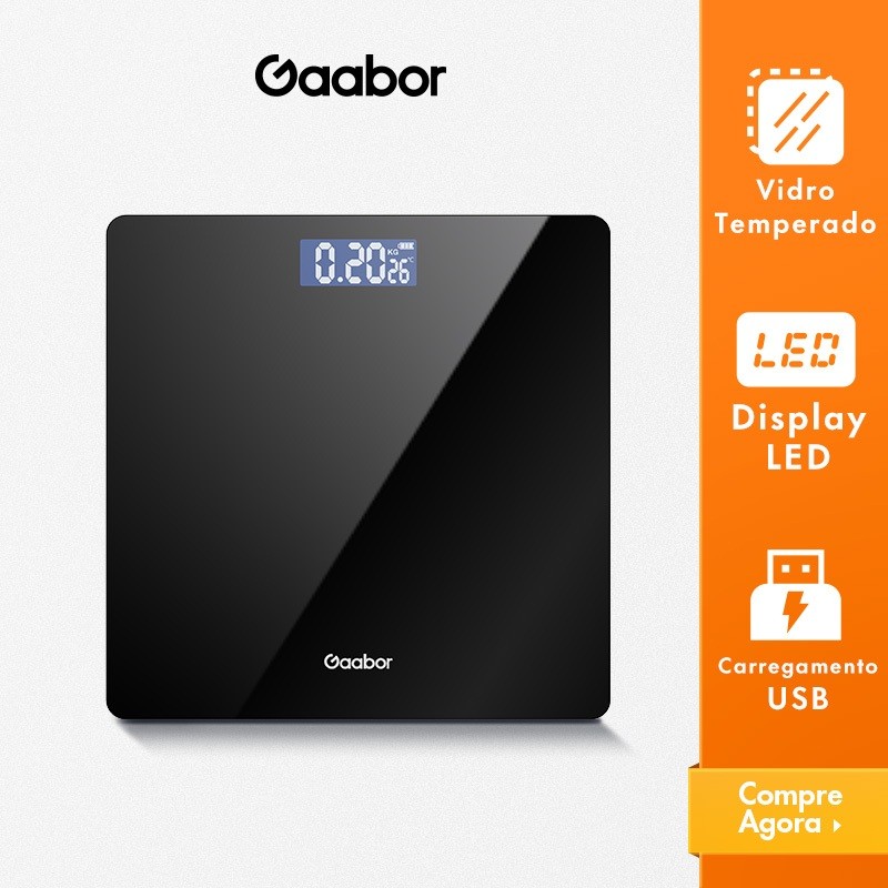 Gaabor Balança Digital até 180kg Display LED HD Grande Vidro Temperado preto GWS