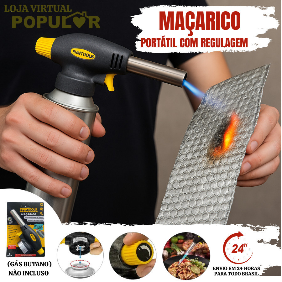 Maçarico Culinário Automático Portátil de Cozinha Multiuso Manual 16cm com Controle de Chama Gourmet