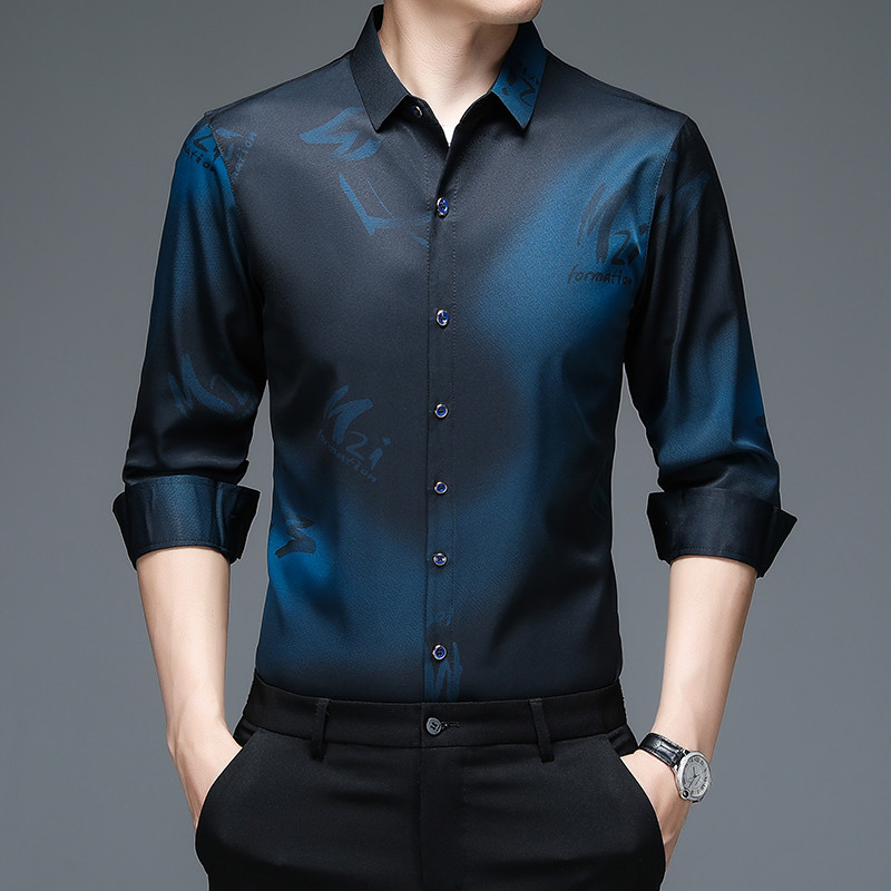 Camisa masculina estampada de alta qualidade de meia-idade, seda gelada, verão, manga comprida, pai, estilo fino, Top in