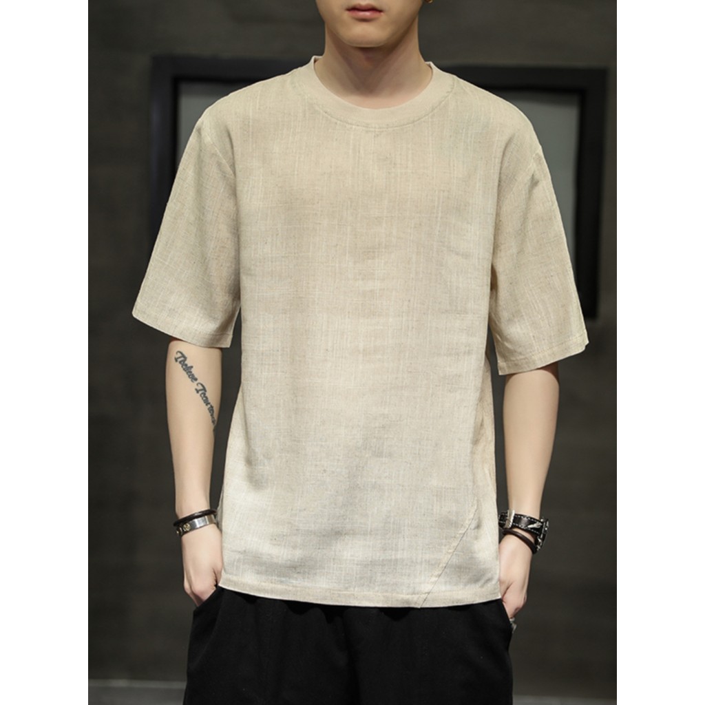 Camiseta de linho masculina verão fino de manga curta estilo chinês tamanho grande algodão linho gelo seda respirável co