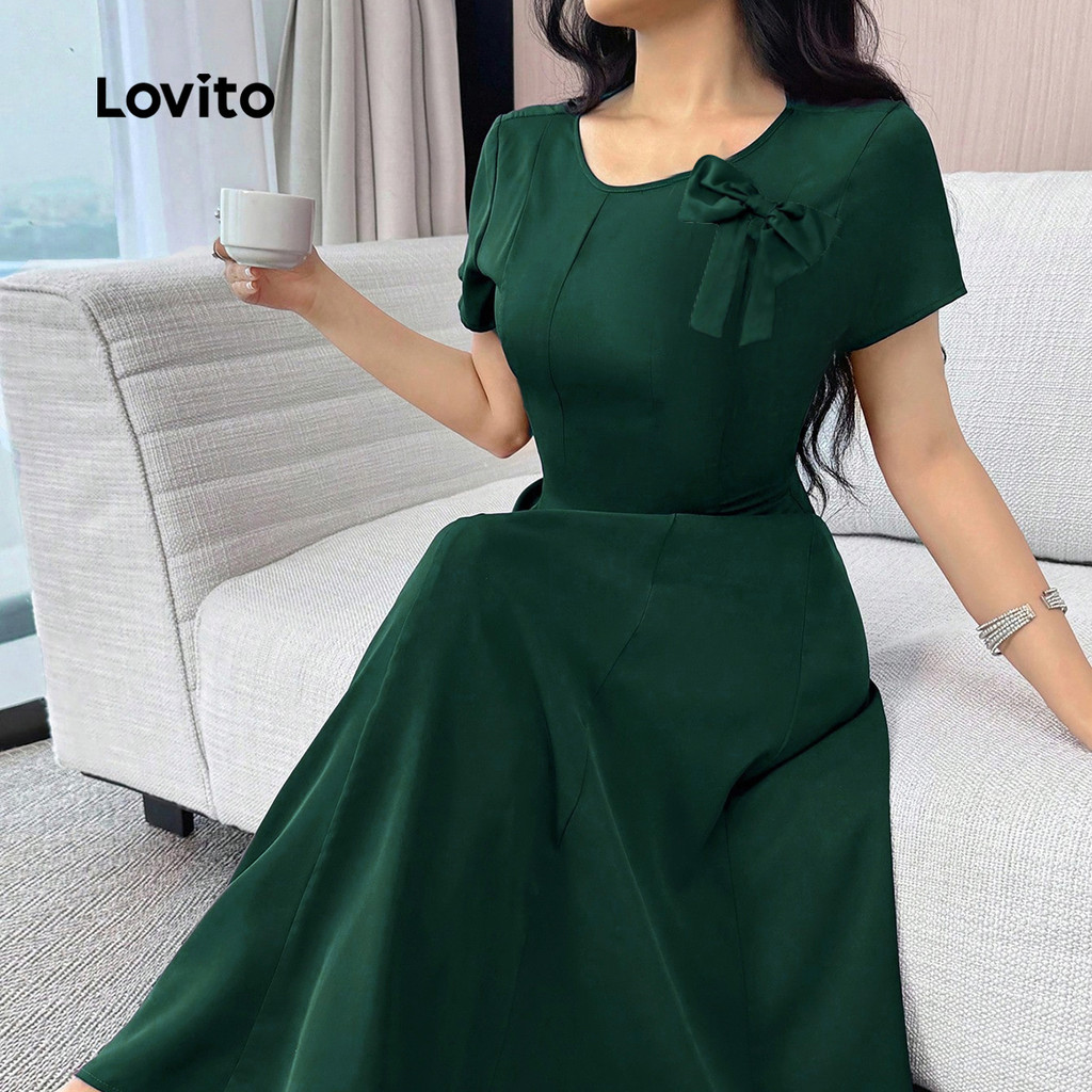 Lovito Elegante Vestido com zíper e laço minimalista primavera/verão vestido verde para mulheres LK3LD423 · foto 2