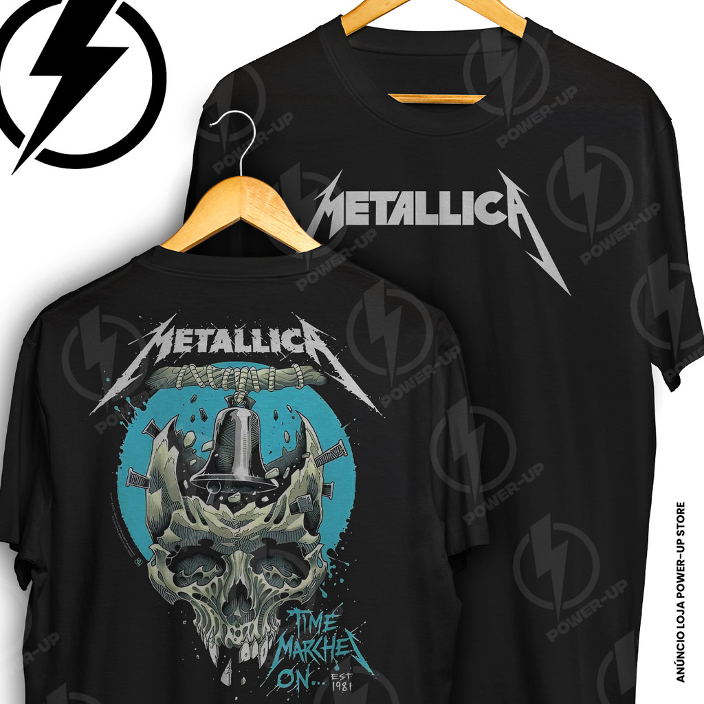Camiseta Metallica Time Marches On Rock Caveira Frente E Verso Blusa Camisa 100% Algodão