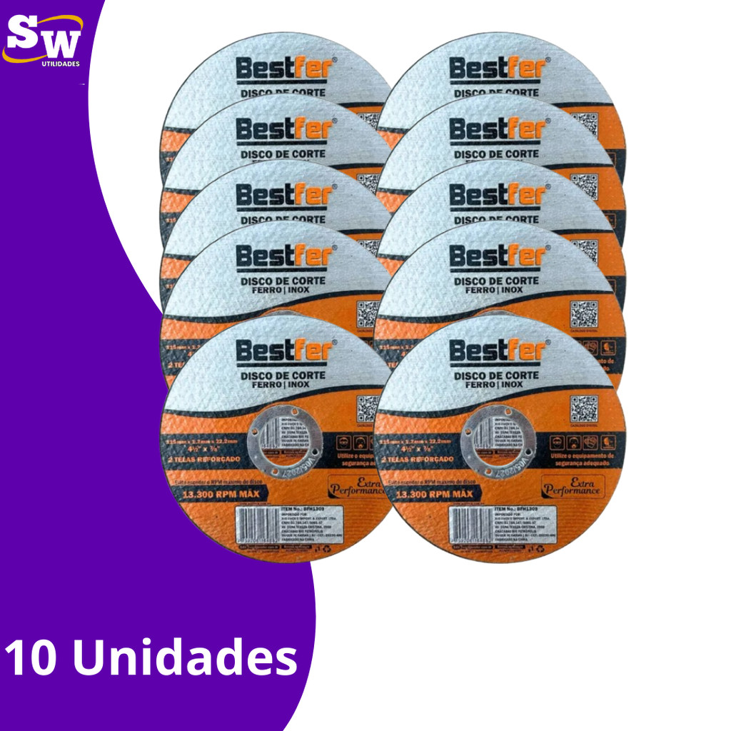 Kit 10 Disco De Corte Fino Para Ferro/Inox 4.1/2 X 1,2 Para Esmerilhadeira em Oferta na Shopee