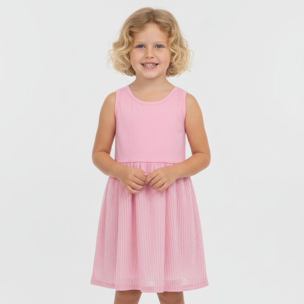 Vestido Verão em tule em Malha Algodão rosa neon e bege