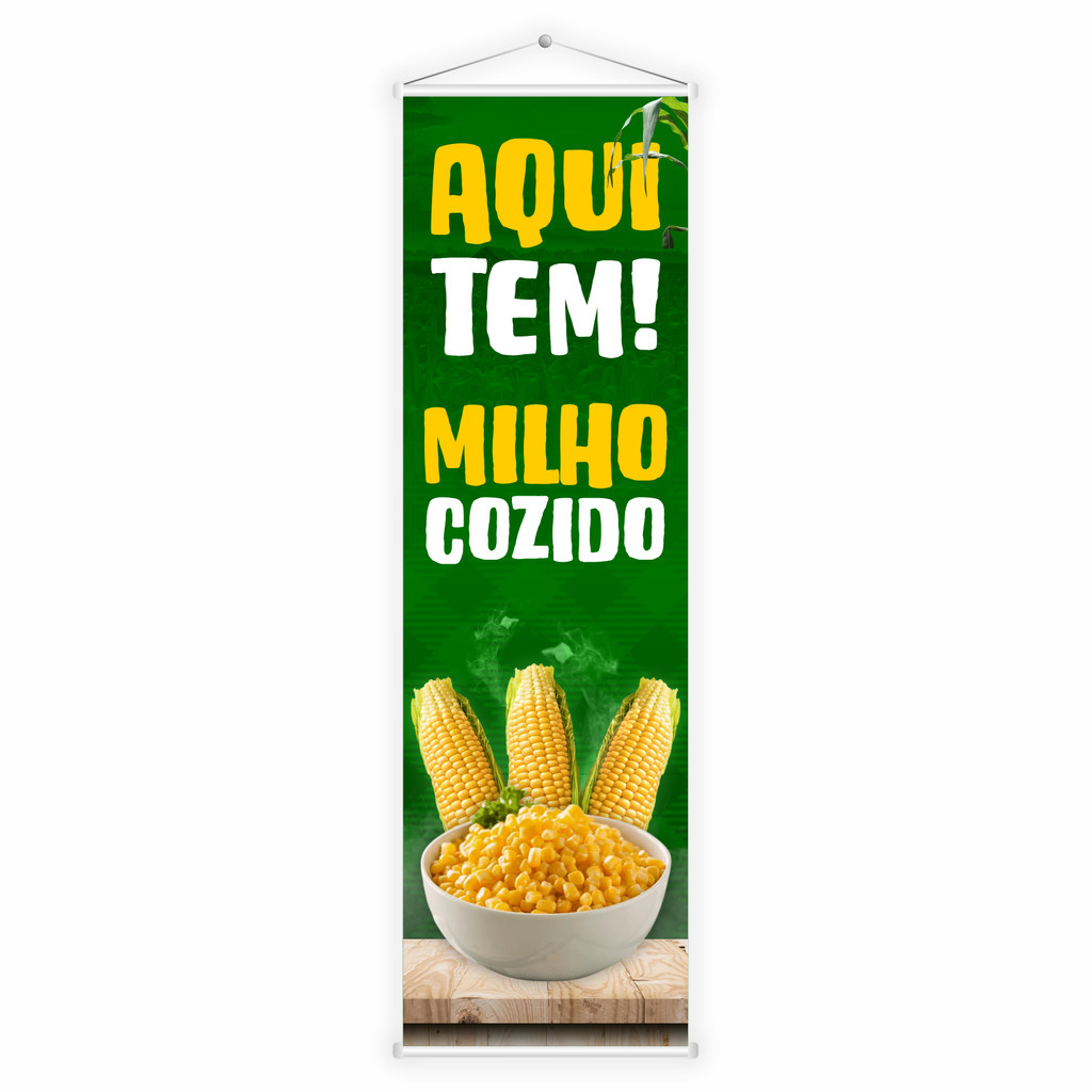 Banner Faixa Lona Aqui Tem Milho Cozido Barraca Venda Praia Quiosque Divulgação Propaganda 100x30
