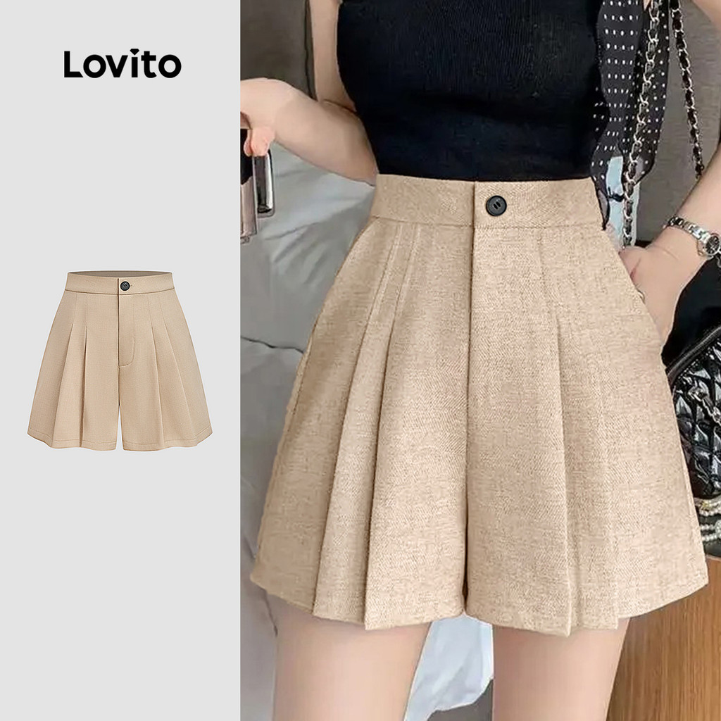 Lovito Shorts Casuais Pregueados com Bolso Primavera/verão Shorts Cáqui Claro para Mulheres L165ED1147