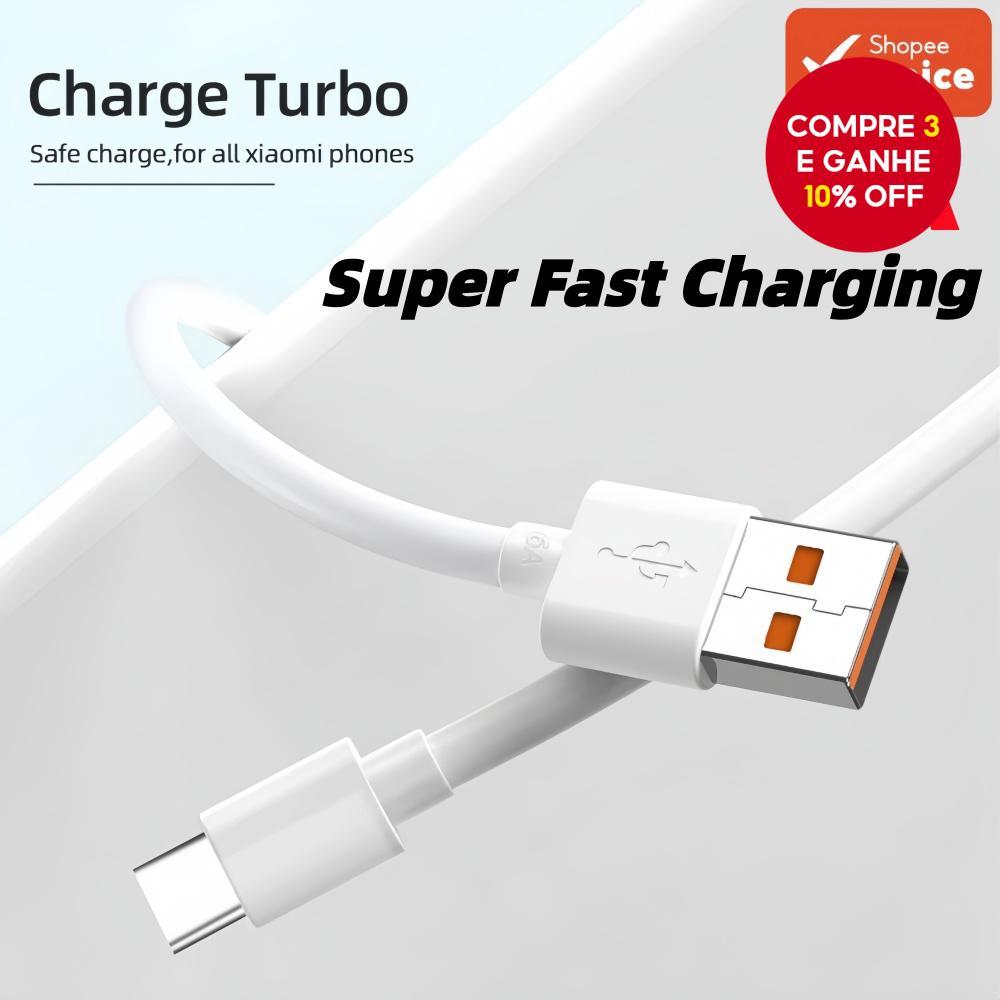 Cabo de Carregamento Turbo USB-C 6A Rápido Para Xiaomi Mi12 11 10 9 Poco M3 X3 NFC Redmi Note K30/40