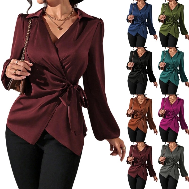 KIN Blusa Feminina De Cetim Com Decote Em V , Manga Lanterna , Gravata Lateral , Camisa Elegante De Negócios