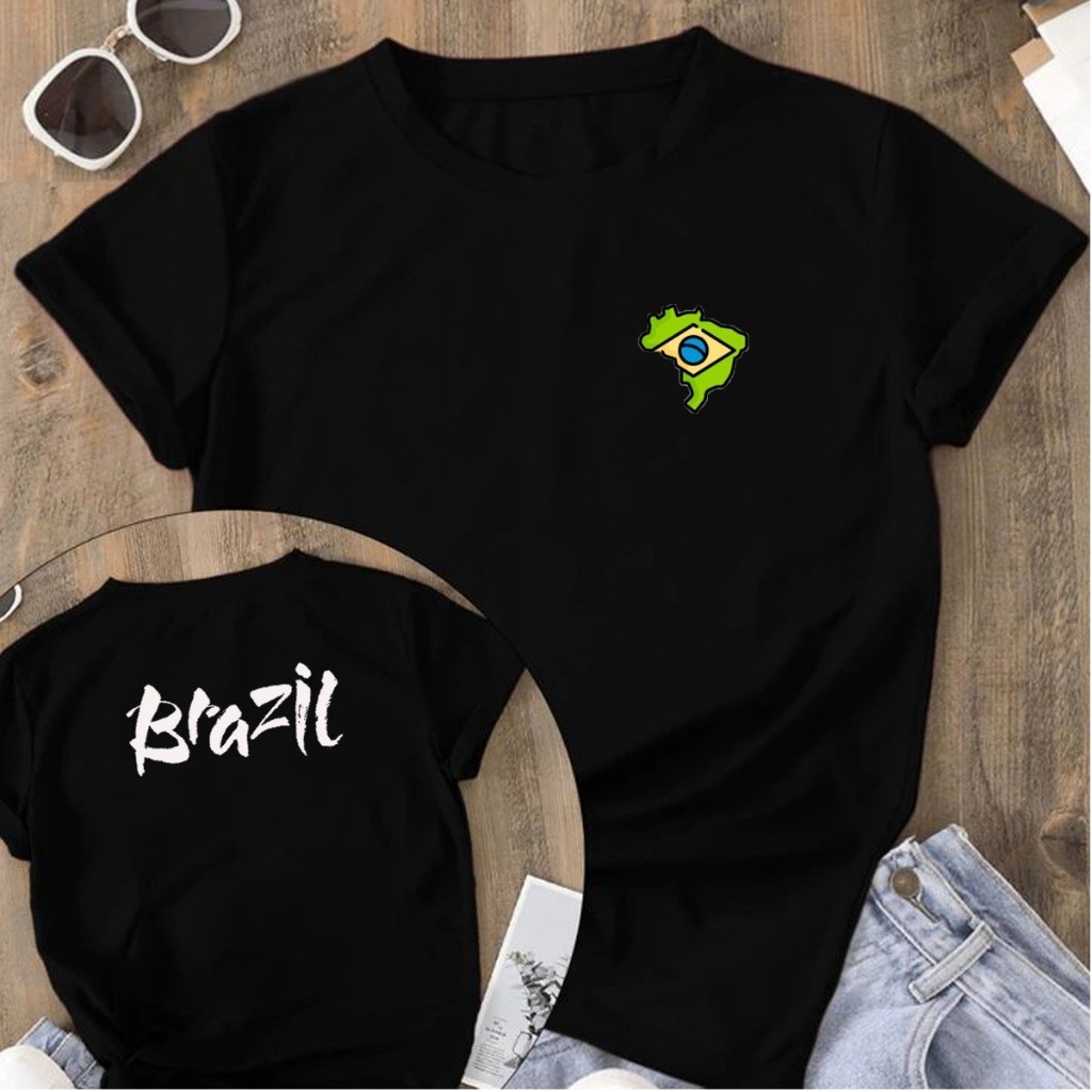 Camisetão Feminino Estampado Frente e Verso Camiseta Escrito Brazil Mapa do Brasil Várias Cores 100% Algodão