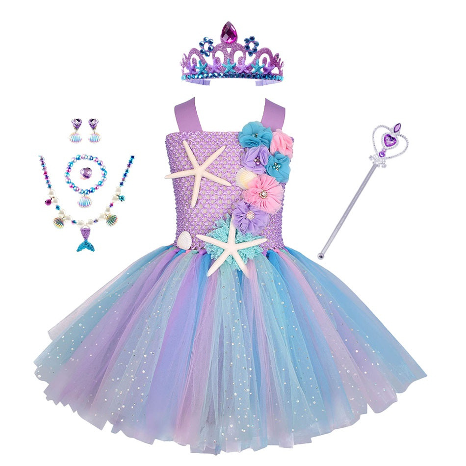 Vestido de Tutu de Sereia Ariel para Meninas em Pastel, Tema Submarino, Fantasia de Festa de Aniversário com Faixa de Ca